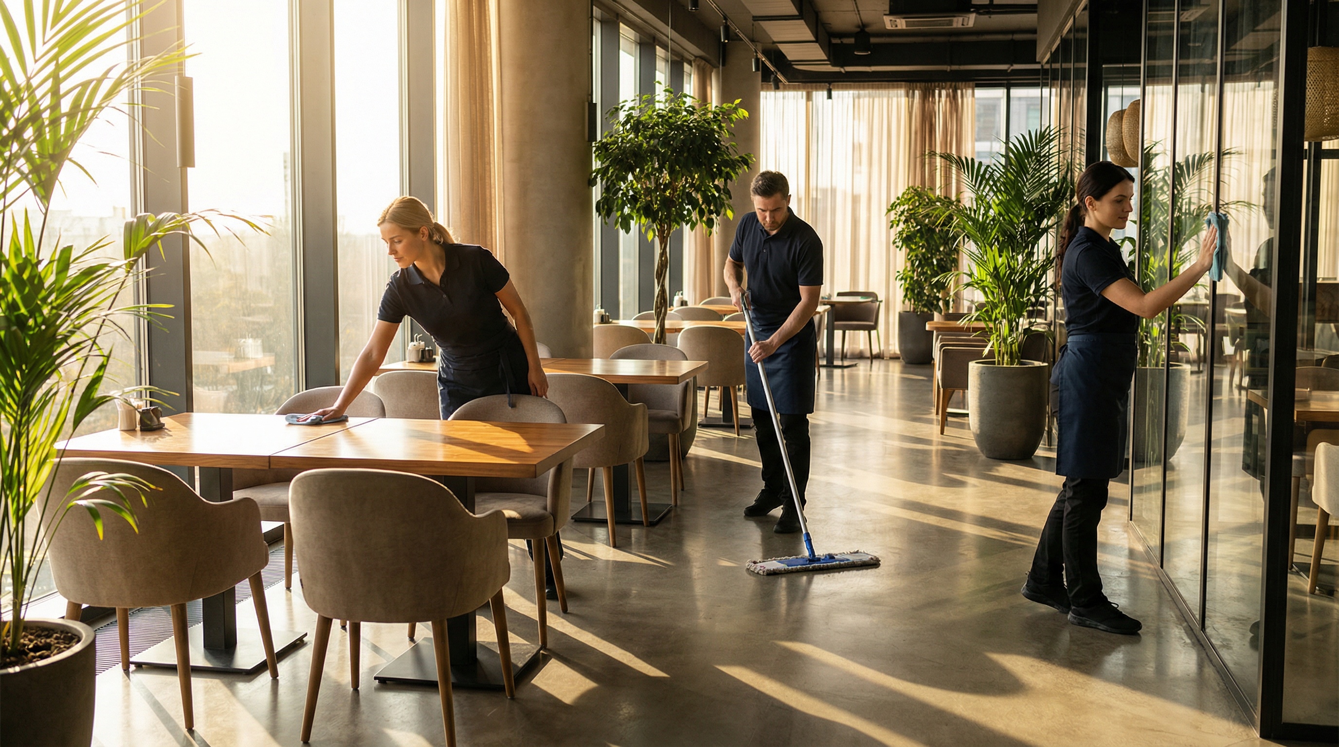 Команда клининга за работой в ресторане